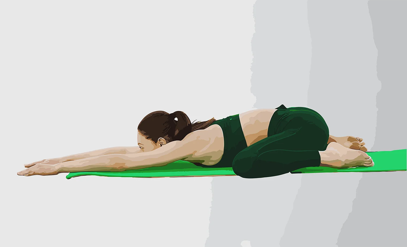 The Yoga Room - Frog Pose. Mandukasana. Knees wide on your mat. Calves  parallel to one another, feet flexed parallel to your thighs. Arms can come  to 90 degrees or grab on